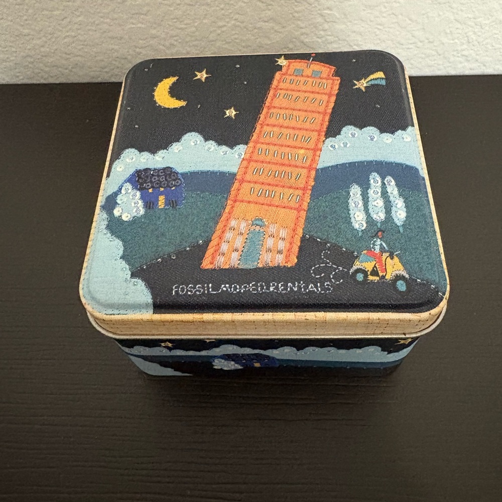 Vintage 2002 Fossil Decorative Tin Box with Night Scene. Preowned. Box only